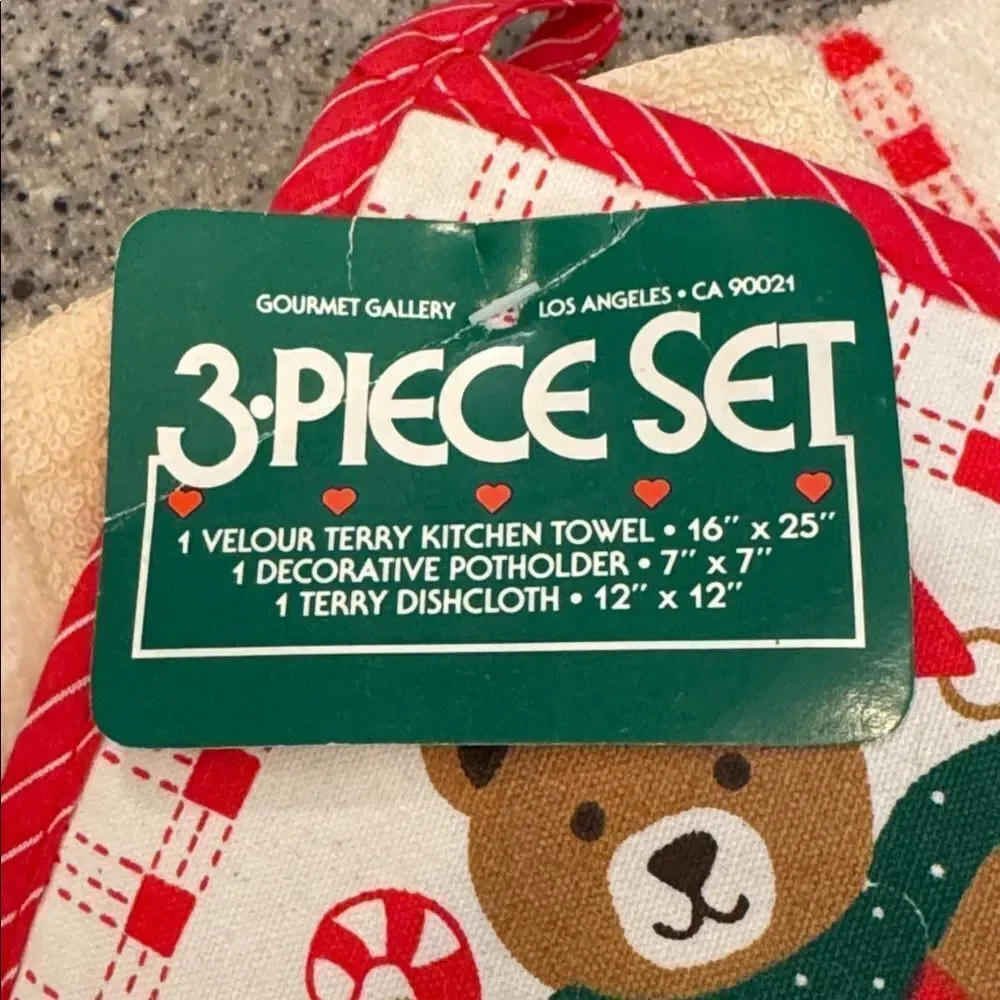 GOURMET GALLERY Vintage 80s/90s Teddy Bear Christmas Potholder/Towel Set *NEW*